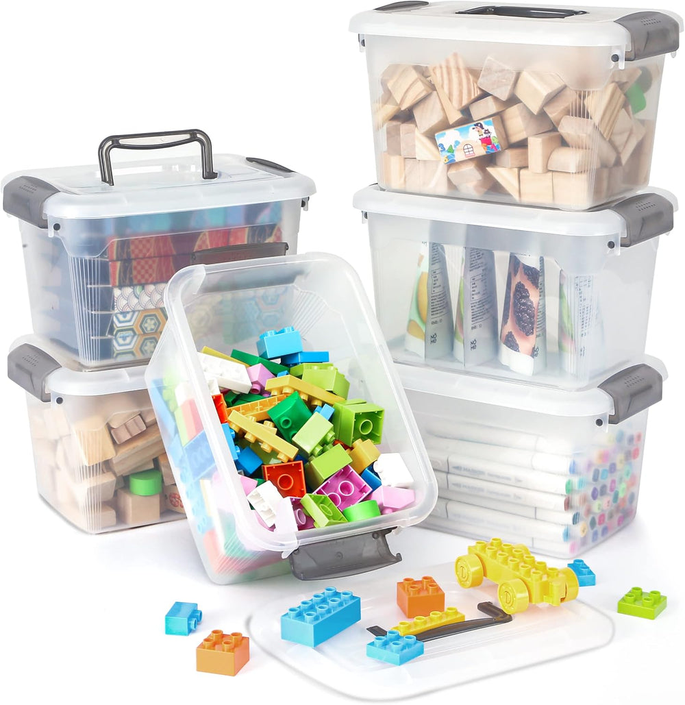 Citylife 6 Packs 6 QT Storage Bins with Lids Clear Plastic Bins with Grey Han...