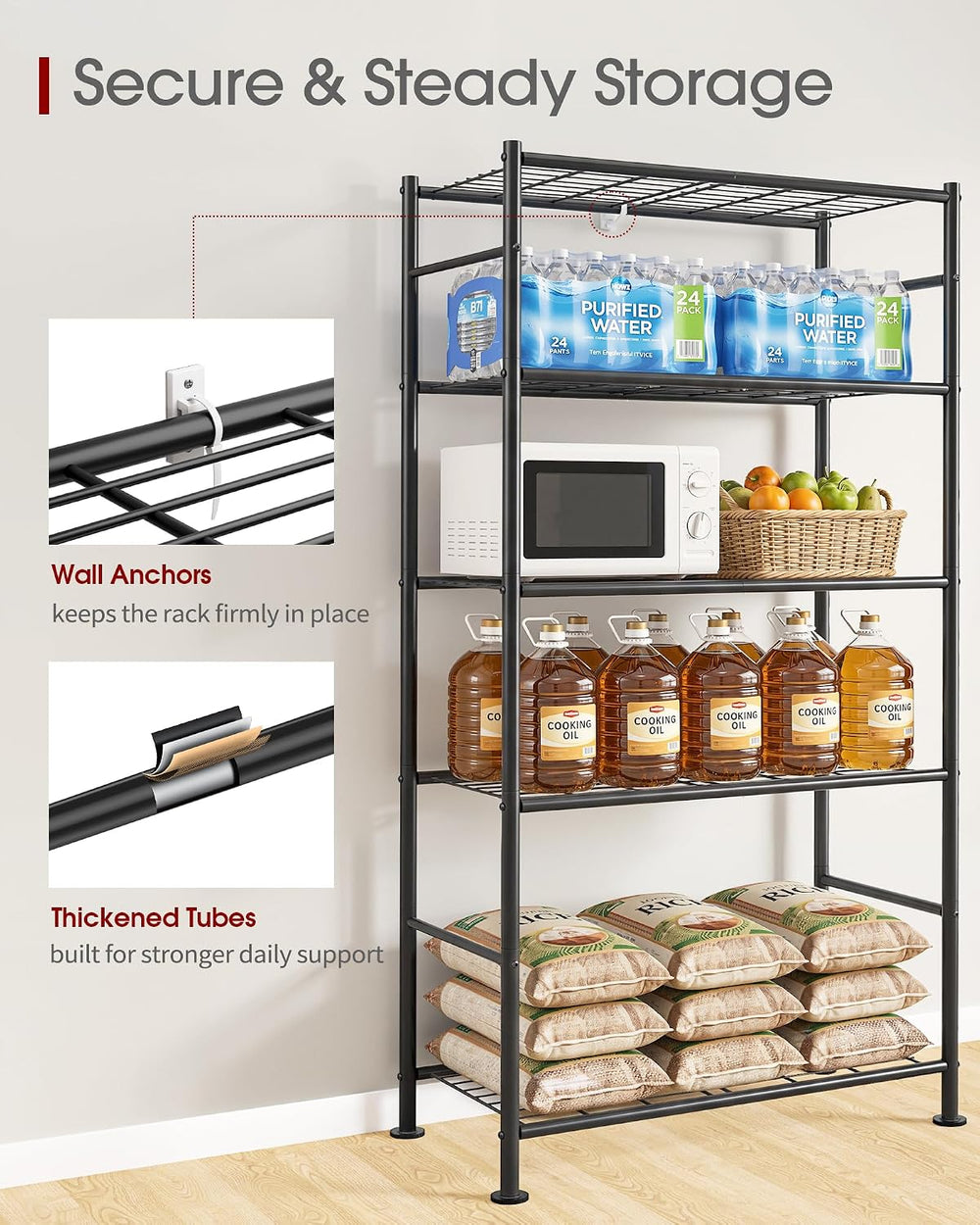 Sakugi 5-Tier Storage Shelves 33.1" x12.6" x73.5" Black with W...