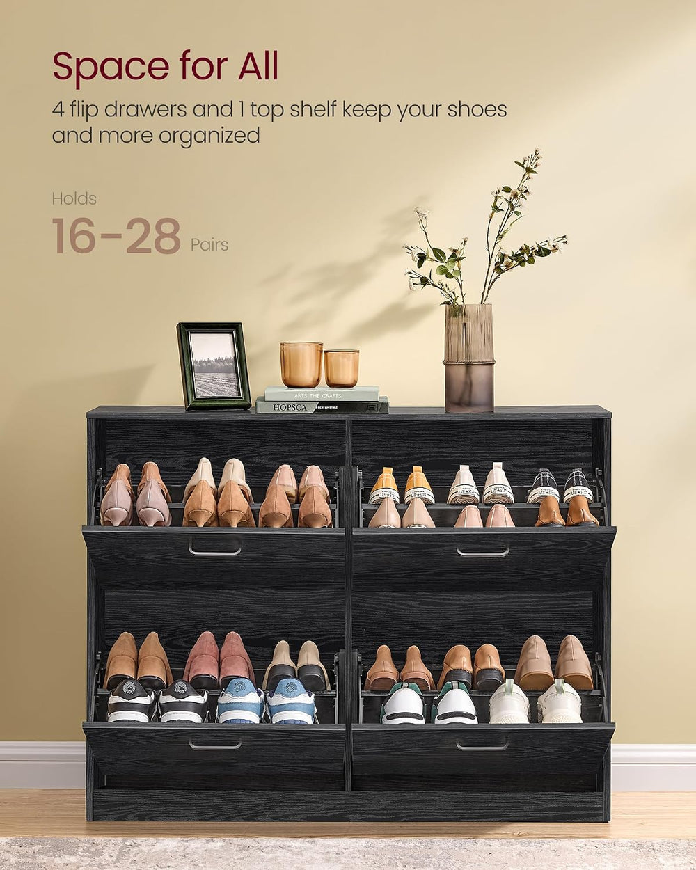 VASAGLE Shoe Cabinet with 4 Flip Doors, for 16-28 Pairs of Shoes