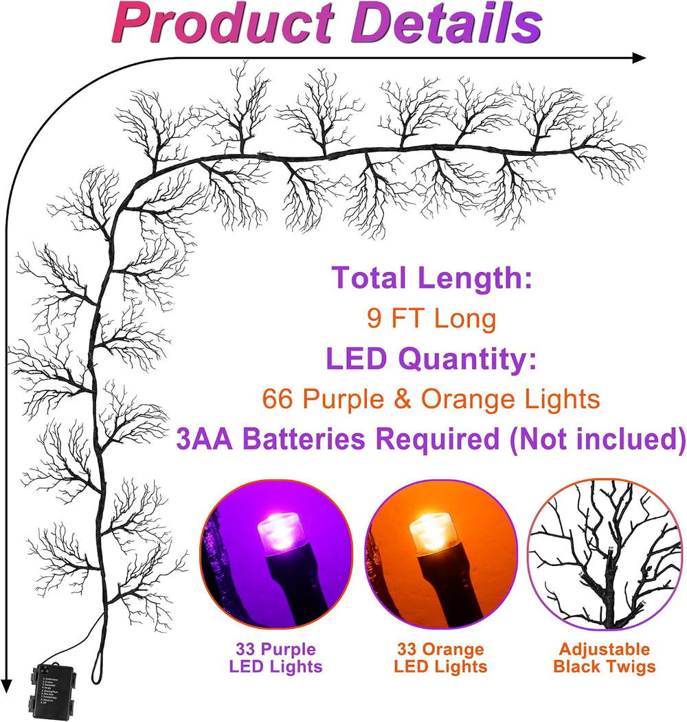 9 FT 66 LED Willow Vine Twig Decor Black Halloween Garland with Orange Purple...