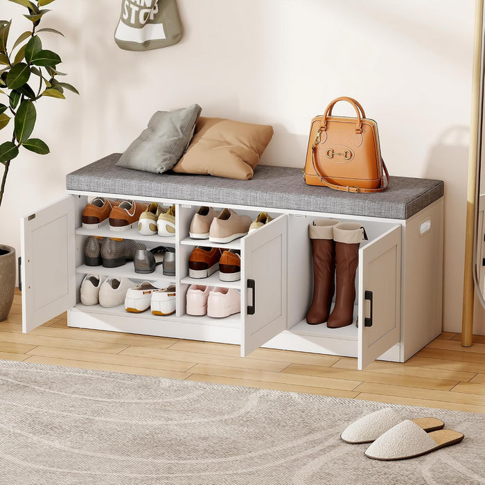 3-Tier Shoe Storage Bench with Adjustable Shelf, Large Capacity Entryway Shoe Bench with Thickened Padded Seat Cushion and 3 Doors for Entry, Bedroom, Hallway (White,42.5 * 14in)