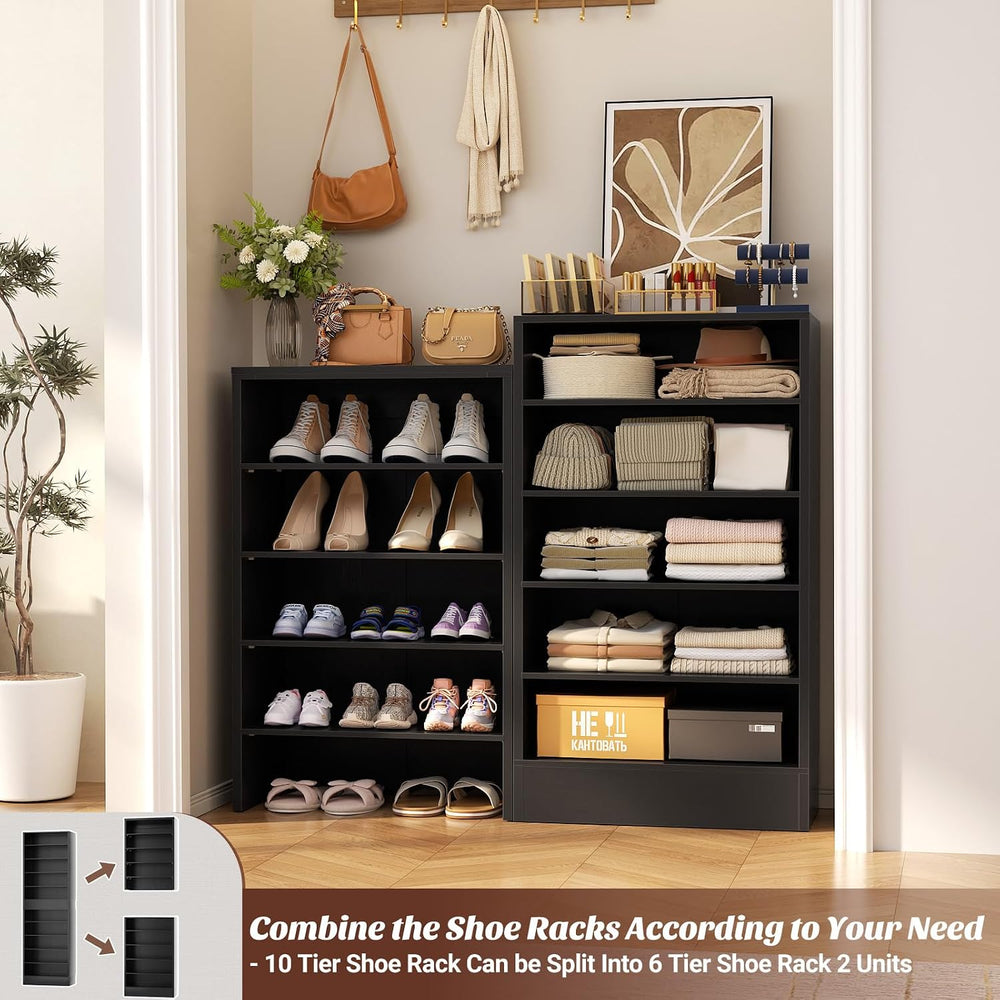 Aheaplus Tall Shoe Cabinet, 10 Tiers Narrow Wood Shoe Rack, 17.7" W, Black