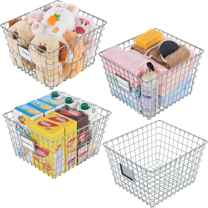 JUNCHU CHERRY 【Extra Large】 Wire Handmade Basket 4 Packs, Kitchen Bathroom Storage, Household Goods Storage, Wardrobe Basket,Silver