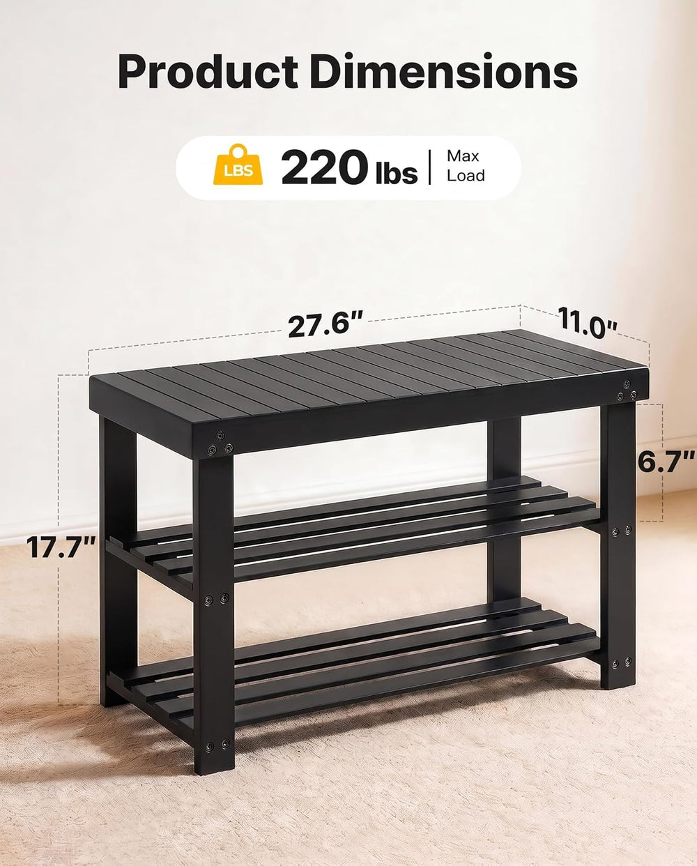 Amada 3 Tier Bamboo Shoe Rack Bench for Entryway, Living Room, Black