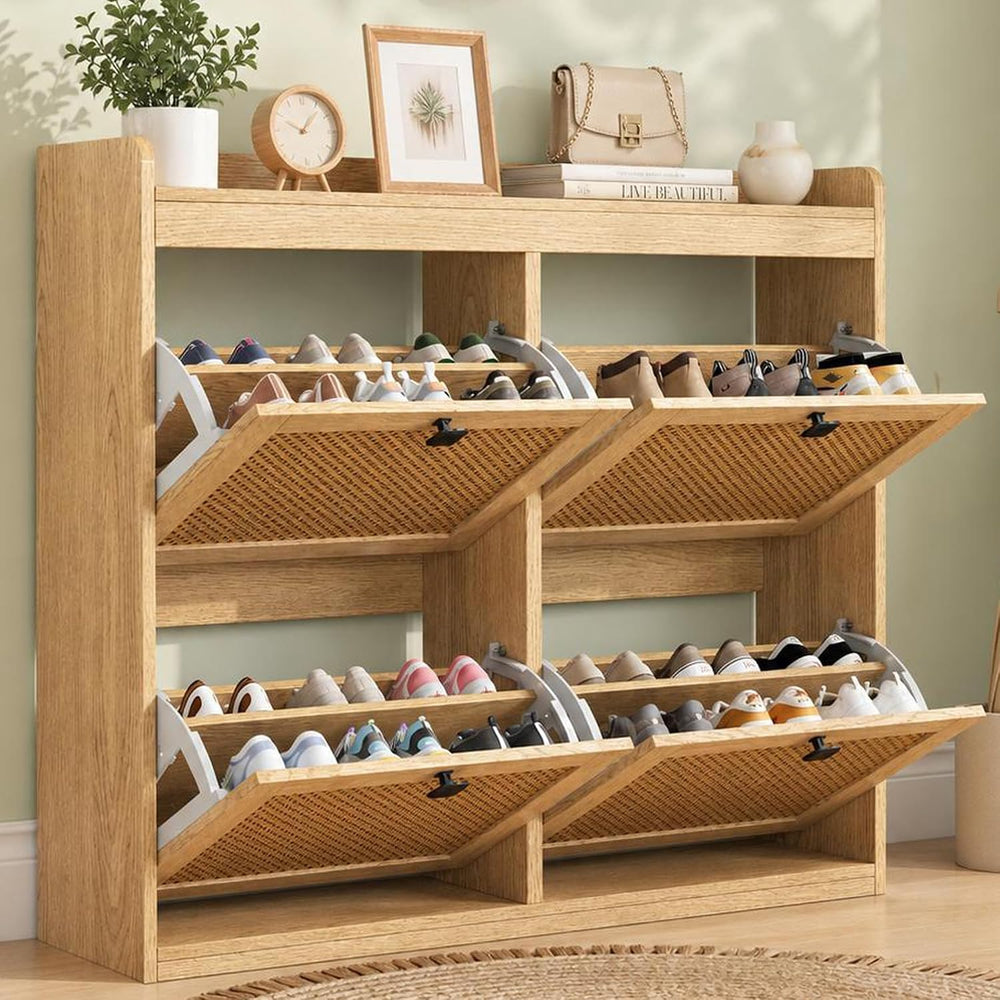 Garvee Shoe Storage Cabinet with 4 Flip Drawers, Wood Shoe Cabinet with Ratta...