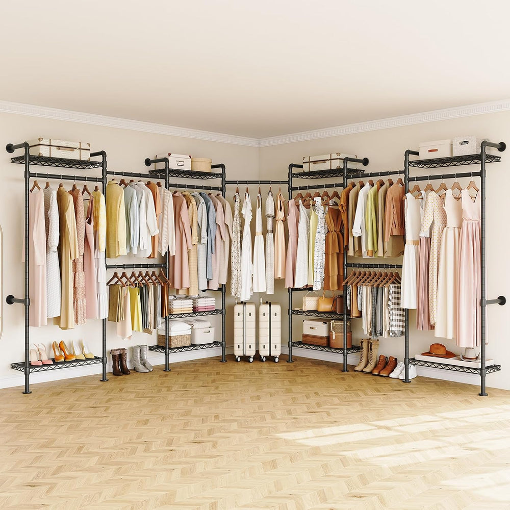 ONBRILL L7 Wall Mounted Industrial Pipe Clothing Rack, Corner Closet System