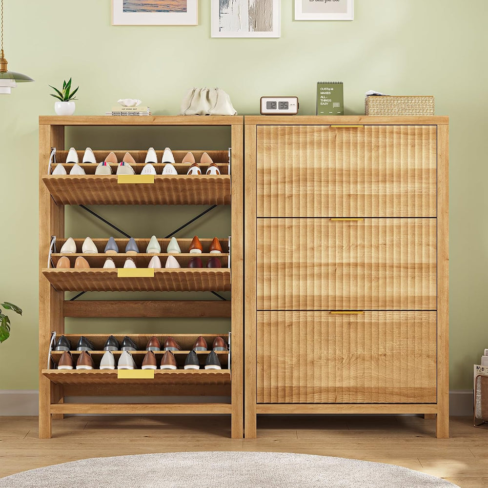 32" Fluted Shoe Cabinet Storage with 3 Flip Drawers for Entryway, Hallway