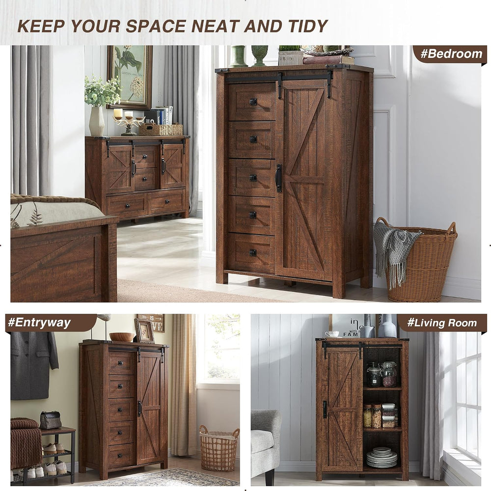 T4TREAM 5 Drawers Dresser with Sliding Barn Doors, Reclaimed Barnwood