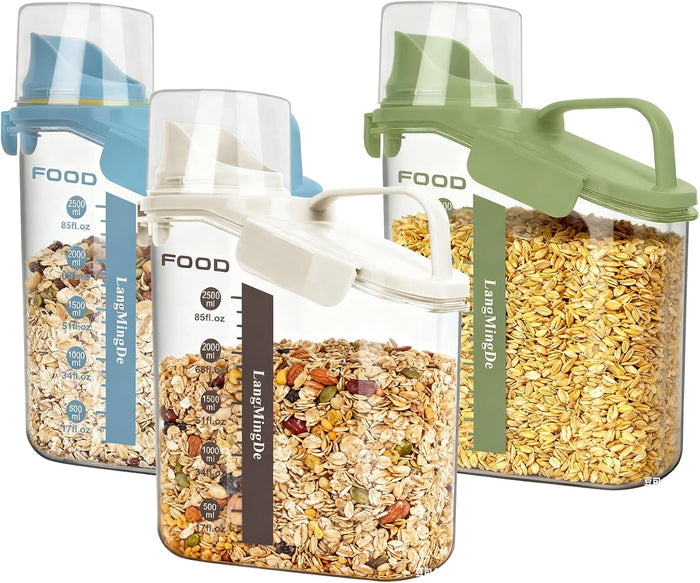 LANGMINGDE 3 Pieces Cereal Containers Storage, 51fl.oz/1.5L Compact Crystal Clear Dry Food Storage Containers with Pouring Spout Measuring Cup for Rice Nuts Beans Pet Food Snacks Candies, 3PCS