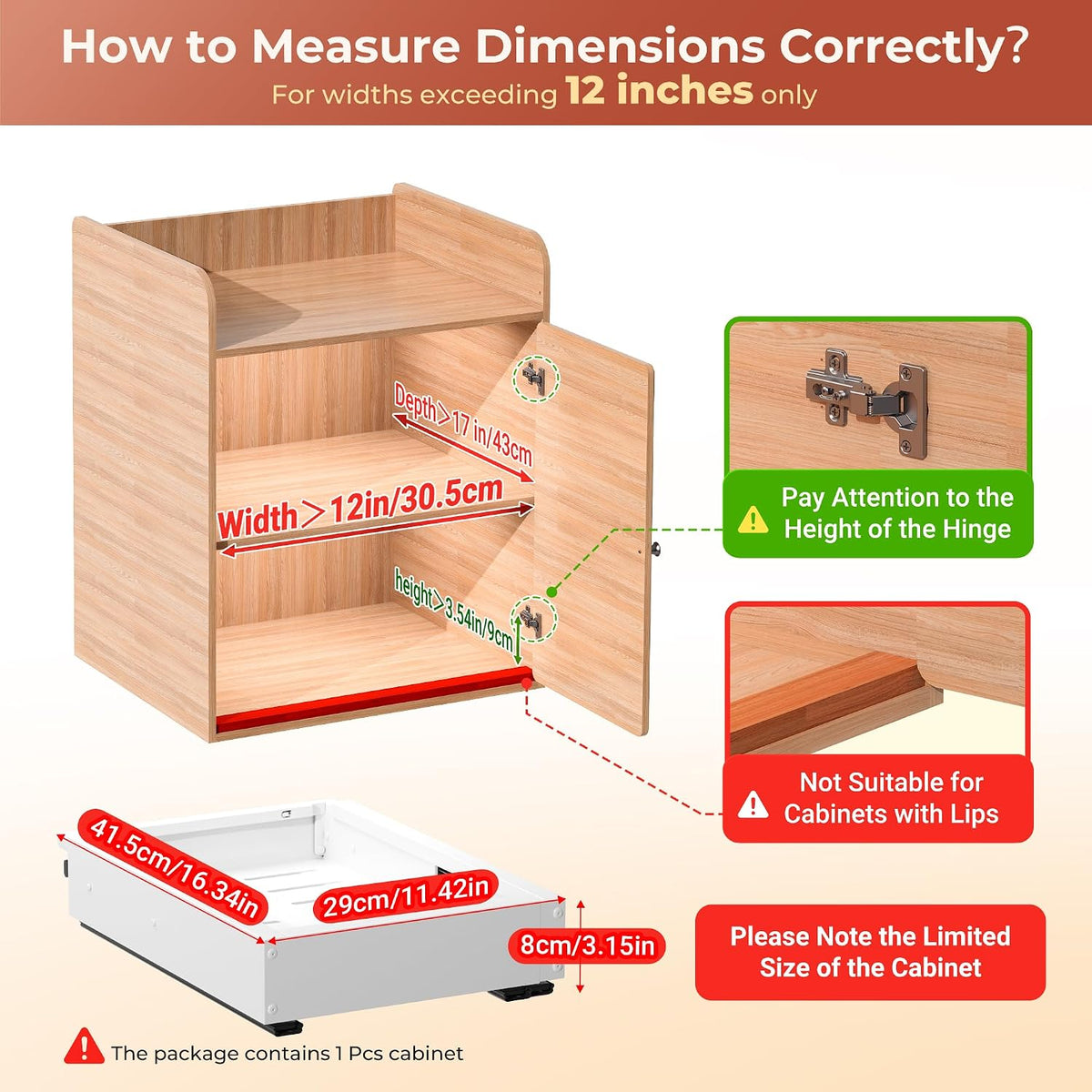 pull out cabinet organizers, width (12"-19") and depth shown in use