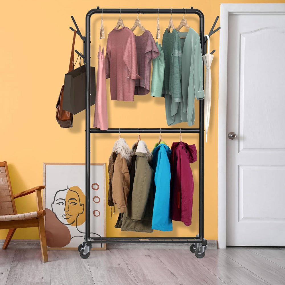 Simple Houseware Double Rod Clothes Rack with Wheels, Hooks & Shelf, Black