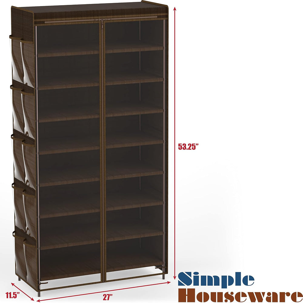 Simple Houseware 8 Tiers Shoe Rack w/Zipper Cover & Hanging Pockets, Brown