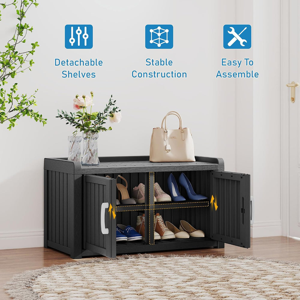 2-Tier Storage Bench, Waterproof UV-Resistant Outdoor Shoe Storage Cabinet wi...