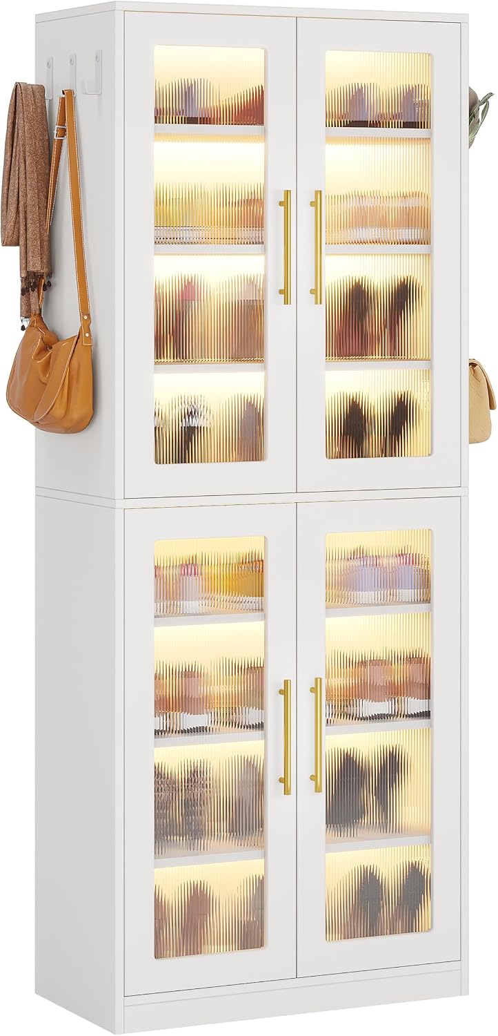 Tribesigns Tall Shoe Storage Cabinet with Acrylic Doors and LED Lights, 8-Tie...