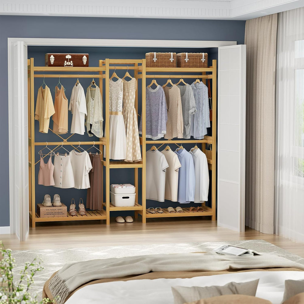 Homykic Bamboo Clothing Rack with 7 Shelves, 5 Hang Rods, 70” Wide, Natural