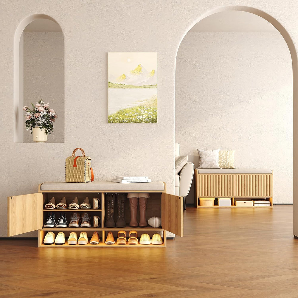 HOMEFORT 39.4" Fluted Shoe Storage Bench, Entryway Bench with Linen Seat...