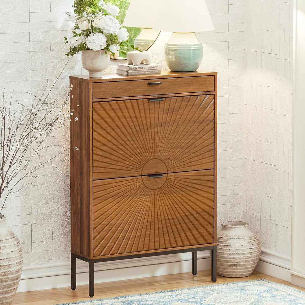 Yechen Shoe Cabinet with Sun Pattern Doors, Modern 2 Flip Drawer Entryway Sho...