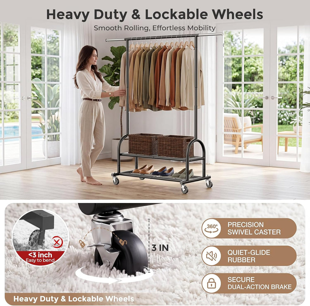 Heavy Duty Metal Clothes Rack Load 586 LBS, Height‑Adjustable Rolling Garment...