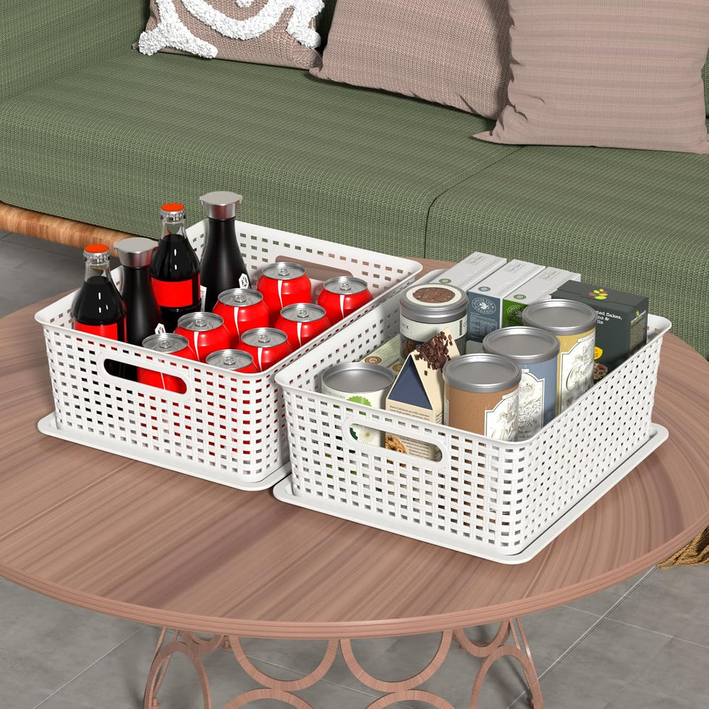 Hespama 6 Pack Plastic Weave Storage Basket, Stackable Lidded Organizer Bin