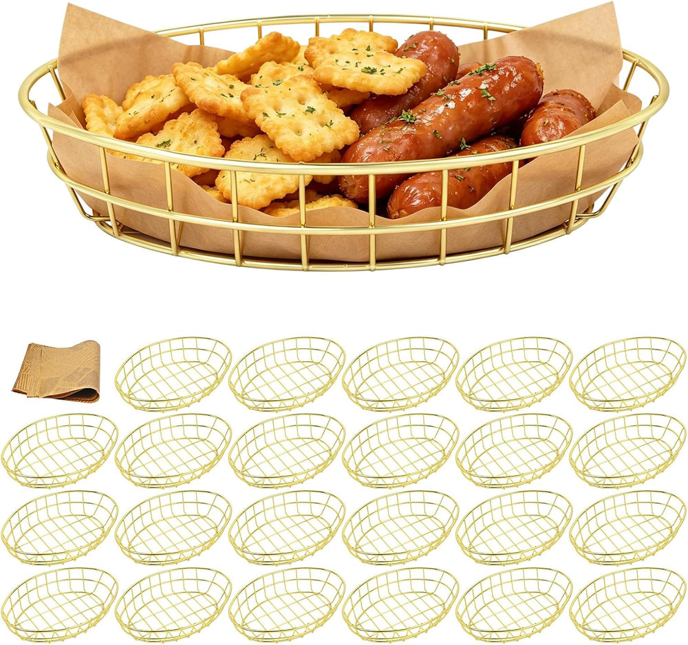 24 Pack Gold Metal Wire Bread Baskets with 50 Oil-Proof Liners, 9.5 x 6.2IN