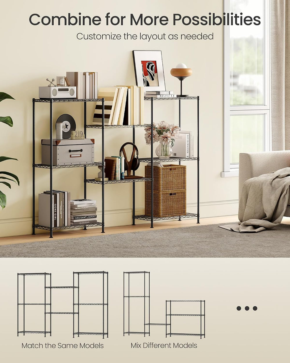 SONGMICS 4-Tier Storage Shelves, Adjustable Wire Shelving Unit, 8 Hooks