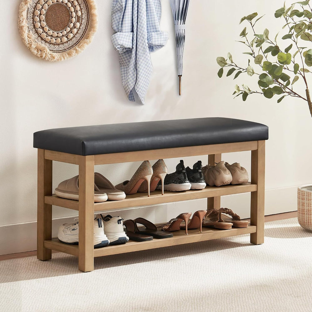 Zihanhome Shoe Rack Bench with Leather Cushion, 2 Tier Solid Wood Storage Ben...