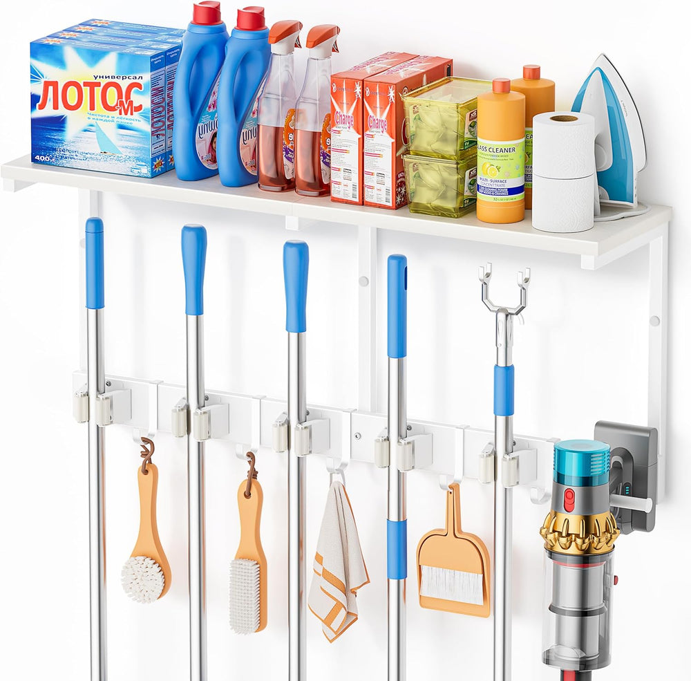 Broom Holder Wall Mount with Cleaning Supplies Organizer, Laundry Room Organi...