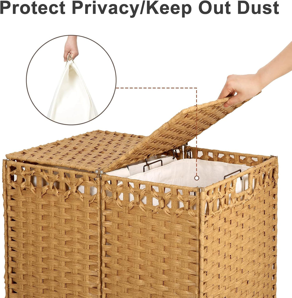 130L Foldable Laundry Hamper with Lid - Handwoven Rattan Storage Basket, 2-Se...