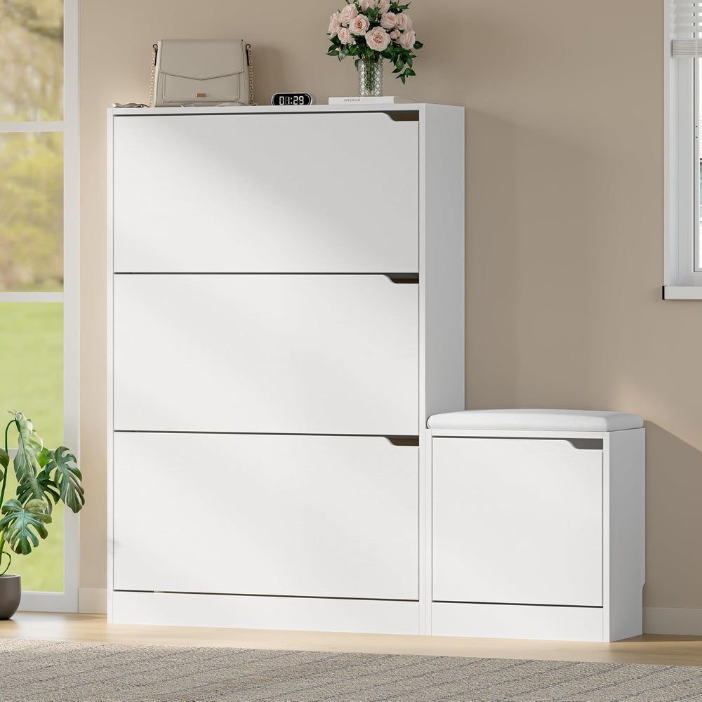 BORNOON Shoe Cabinet with Bench and 3 Flip Drawers, Slim Narrow Shoe Storage ...