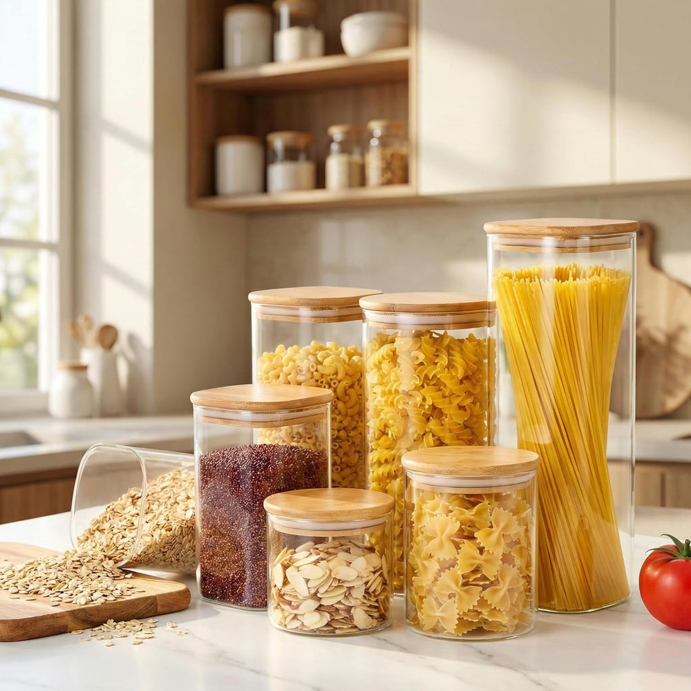 HomArtist Square Glass Jars with Bamboo Lids [Muti Size Set of 5], Glass Cani...