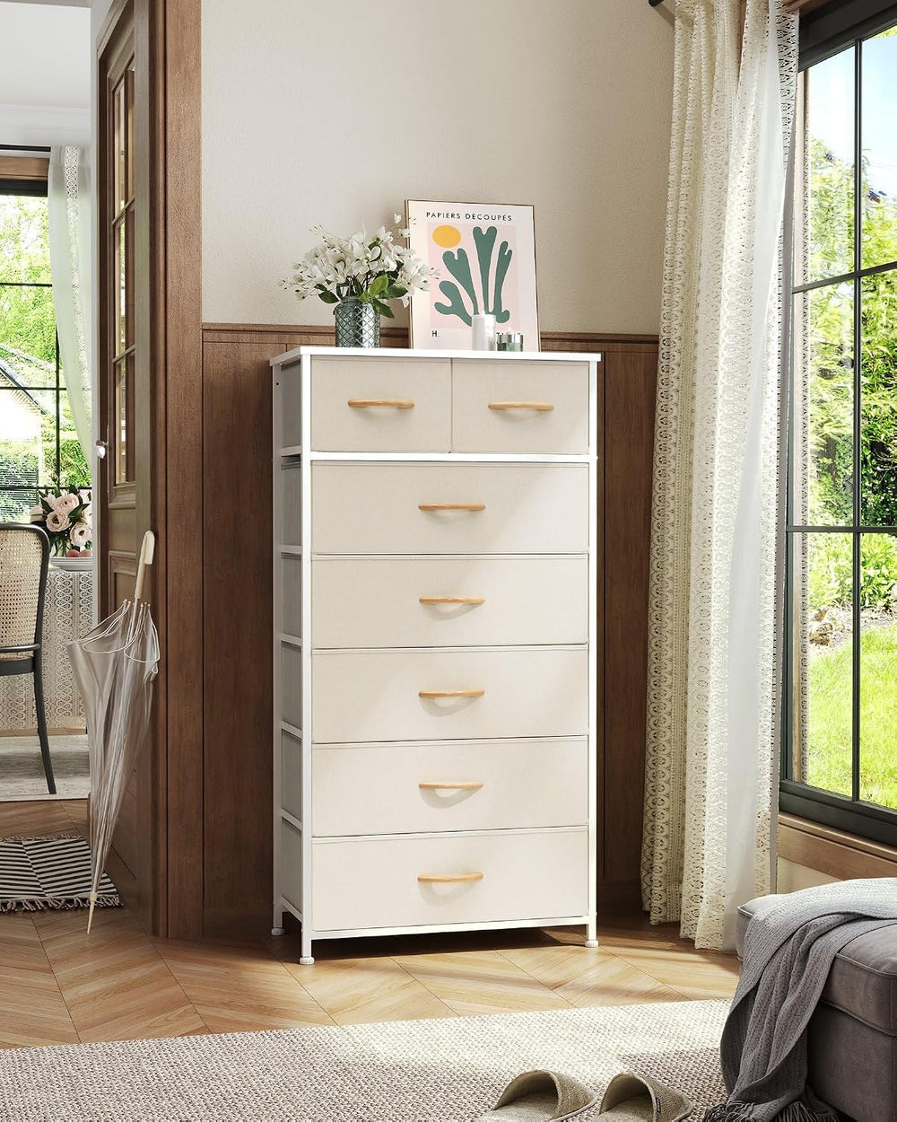 Fabric Dresser with 7 Drawers, Vertical Storage Tower (Beige)