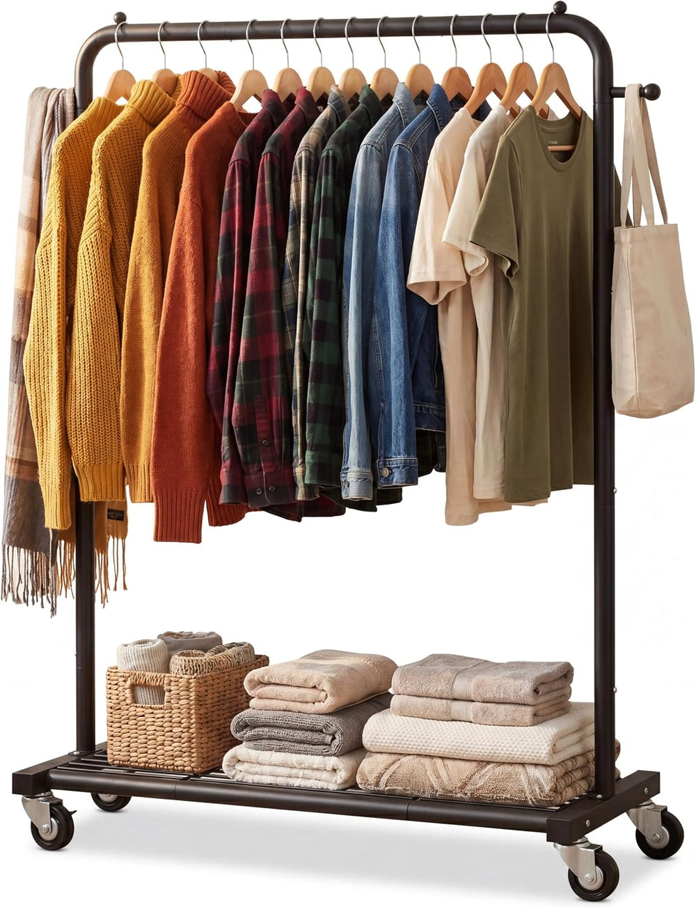 Sywhitta Metal Clothing Rack on Wheels with Mesh Shelf, for Clothes,Black