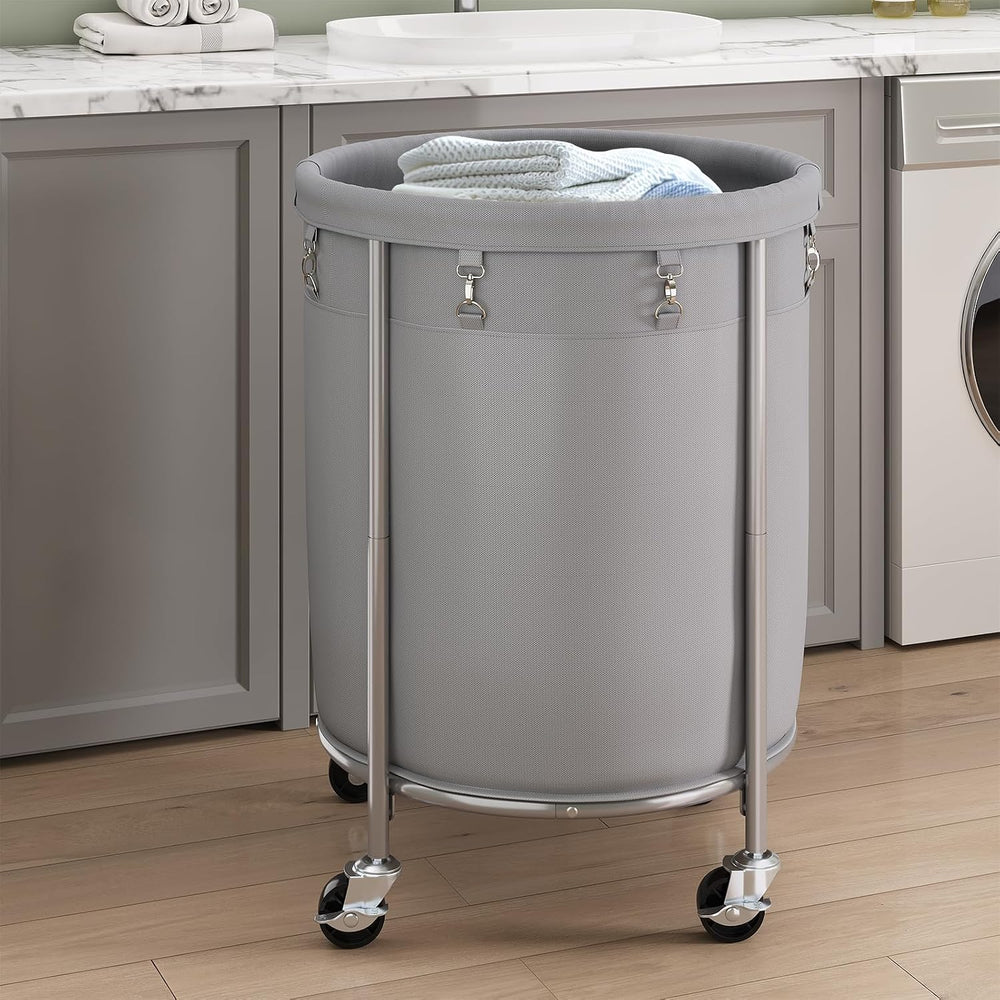 ELYKEN Laundry Basket with Wheels, Round Rolling Laundry Hamper, Gray