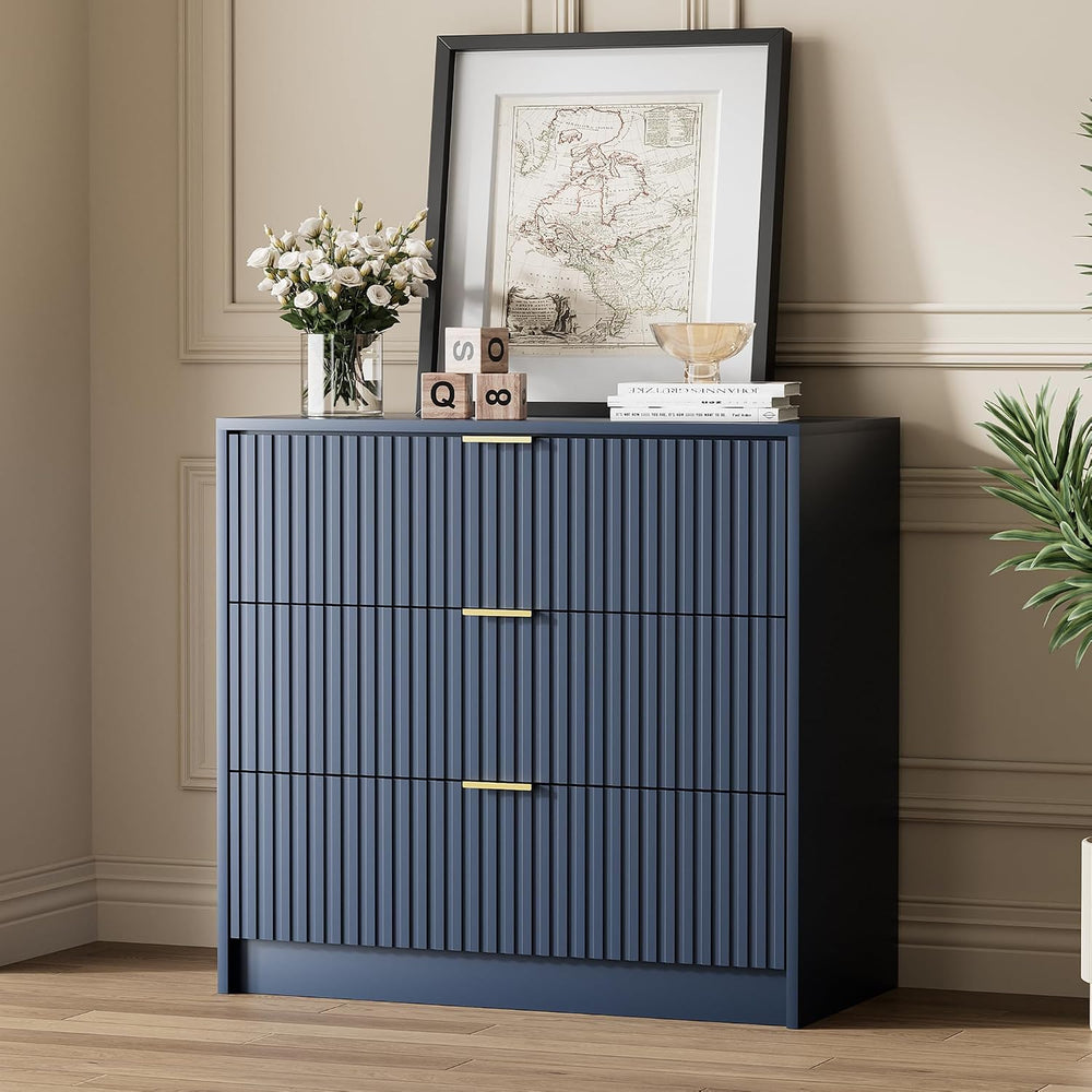 Fluted 3 Drawer Dresser for Bedroom, 31.5" Wide Chest of Drawers, Navy Blue