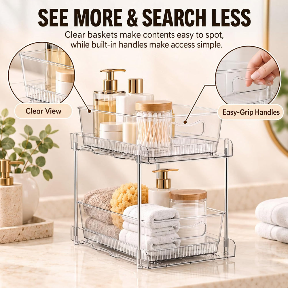 4 Pack Pull Out Bathroom Under Sink Organizer, Clear 2-Tier Cabinet Storage