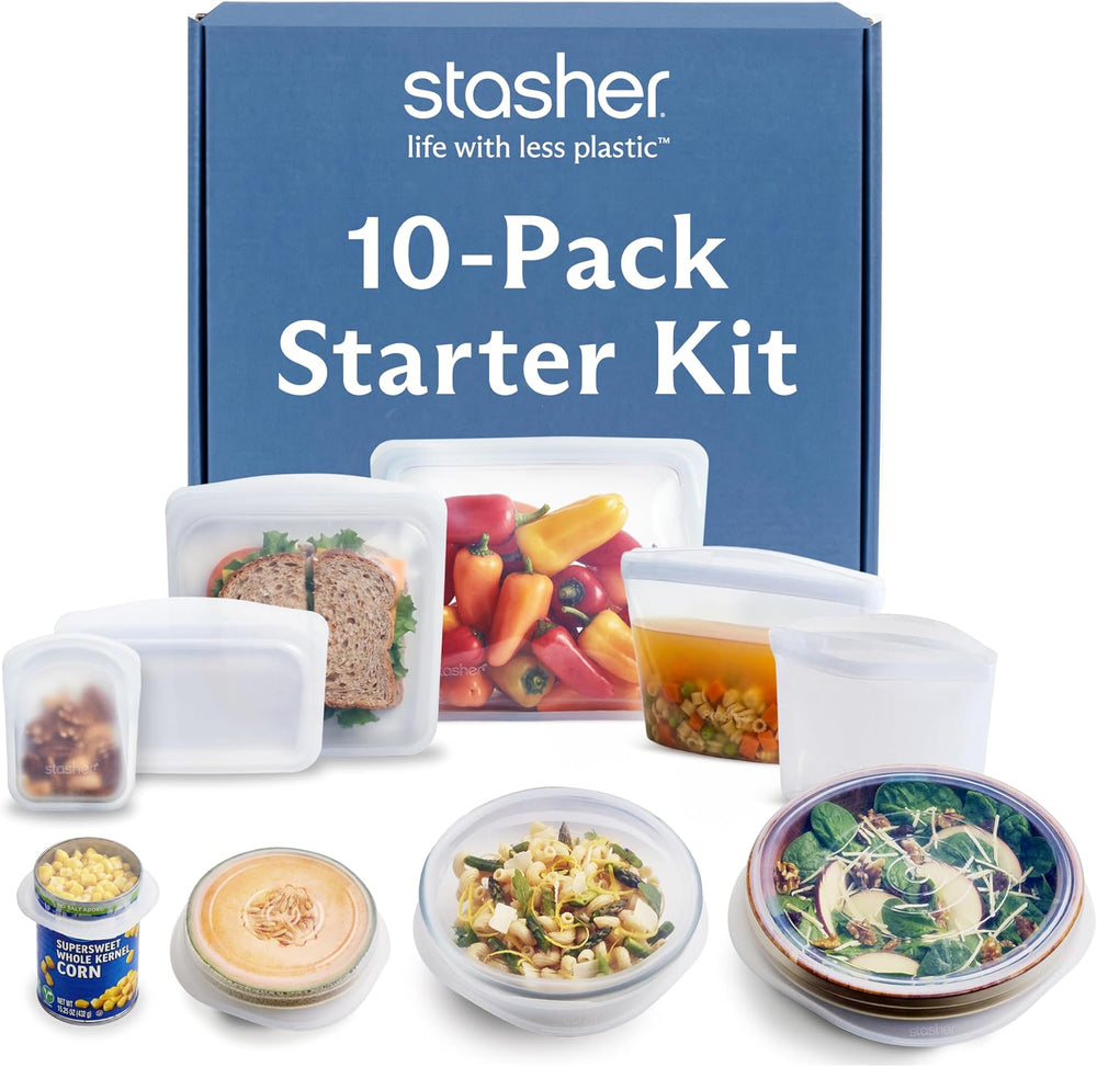 Stasher Reusable Silicone Bags and Stretch Lids, 10-Pack Starter Kit, Clear