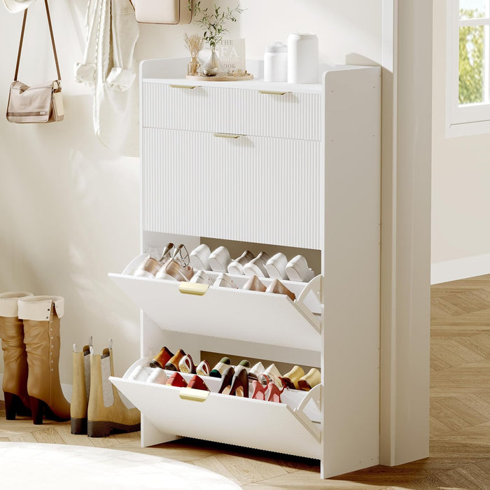 Modern Shoe Cabinet with 3 Flip Drawers & A Large Storage Drawer,Adjustable Shoe Rack with Gold Metal Handles & Fluted Panel for Entryway, Hallway, or Living Room，Easy to Assemble (White)