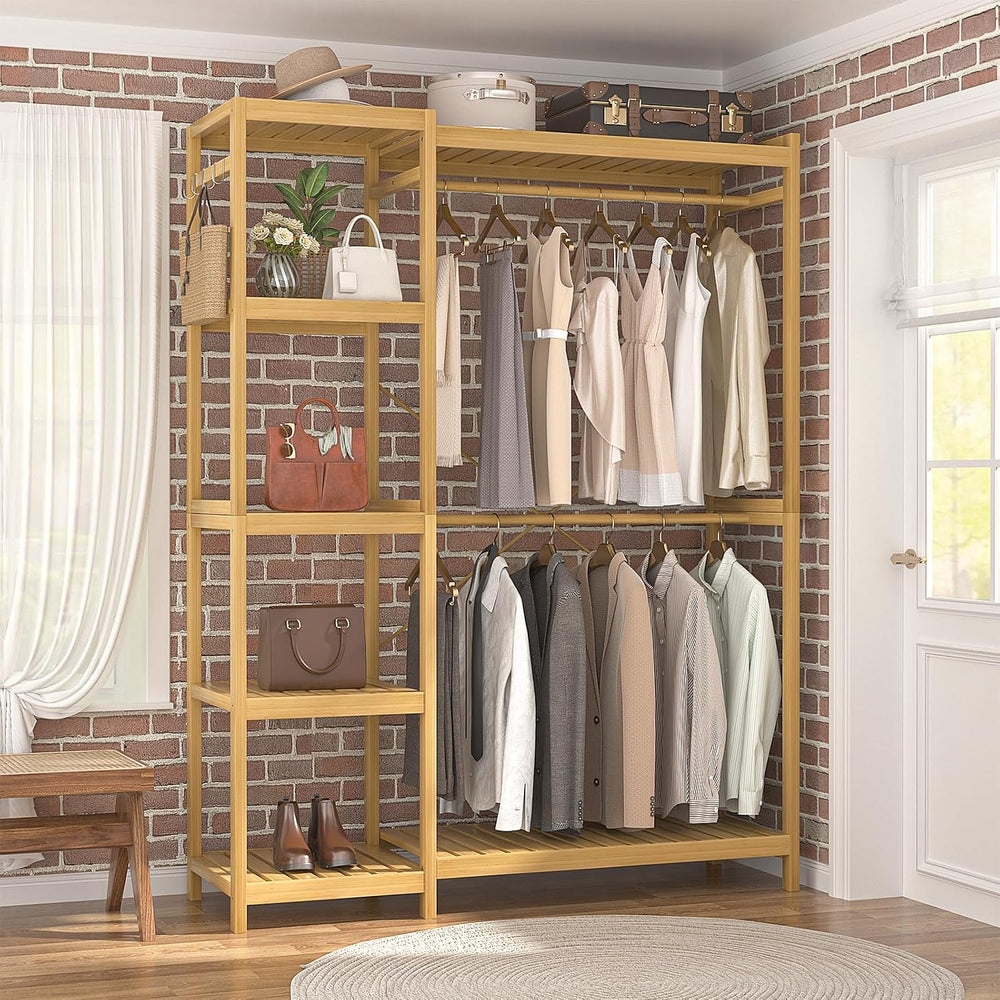 Homykic Bamboo Clothing Rack with 7 Adjustable Shelves, 2 Hang Rods