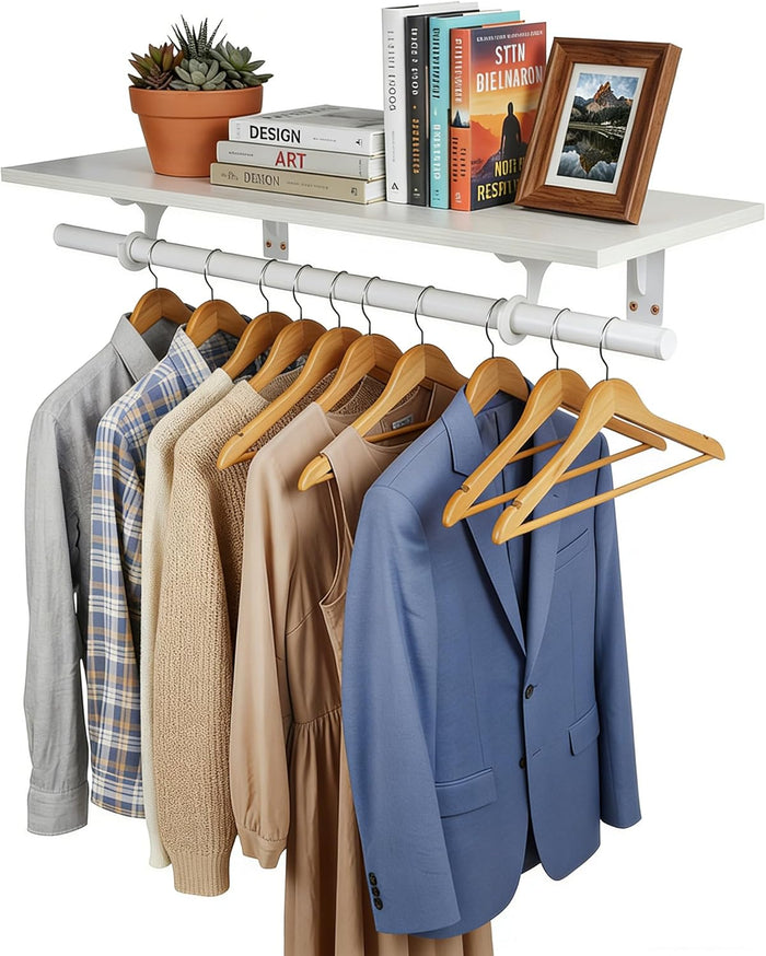 Wall Mounted Clothes Rack, with Top Shelf and Hanging Rod, Heavy Duty (White, 1 PACK 11.8" x 31.4")