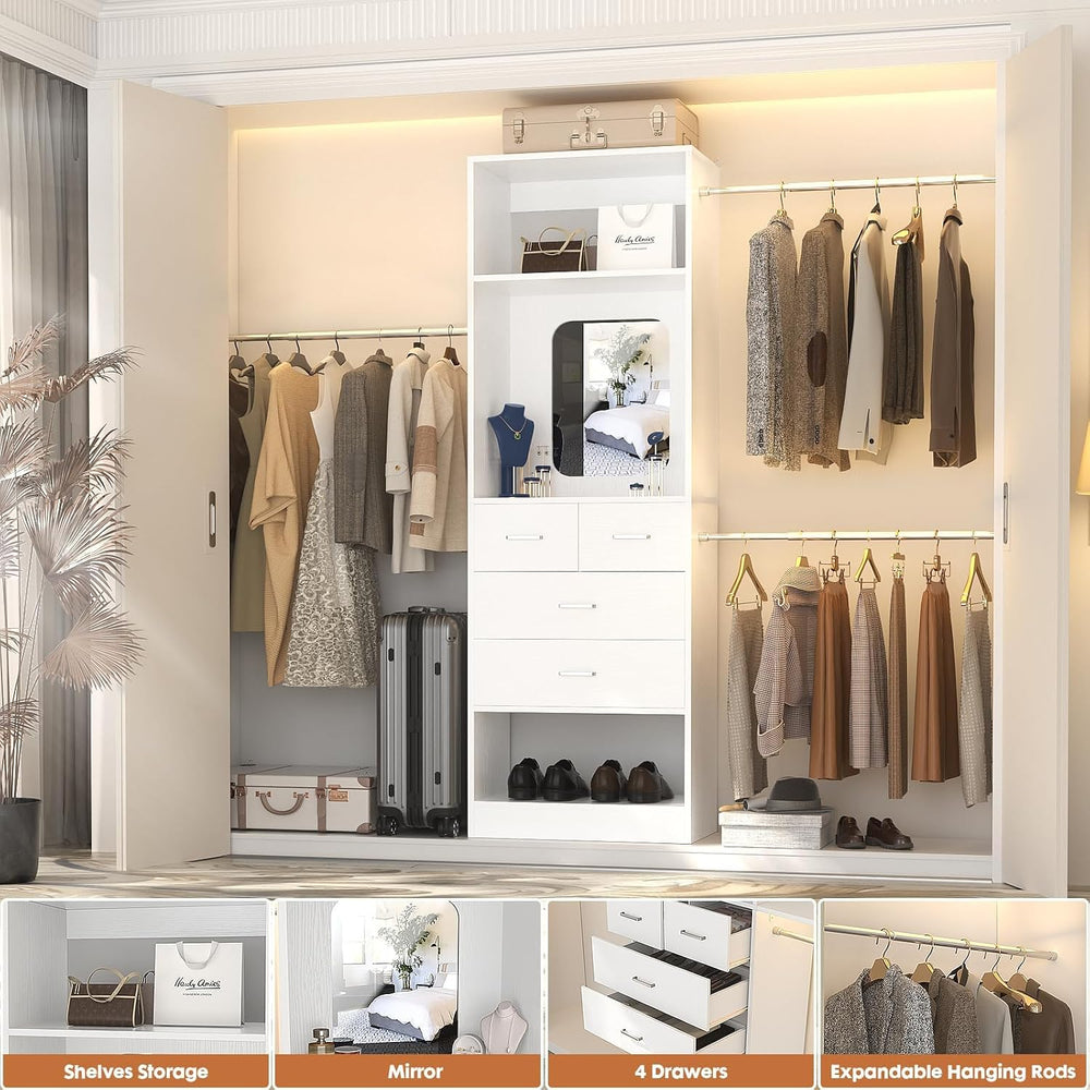 Unikito 8FT Closet System with Mirror and 3 Extendable Hanging Rods, White
