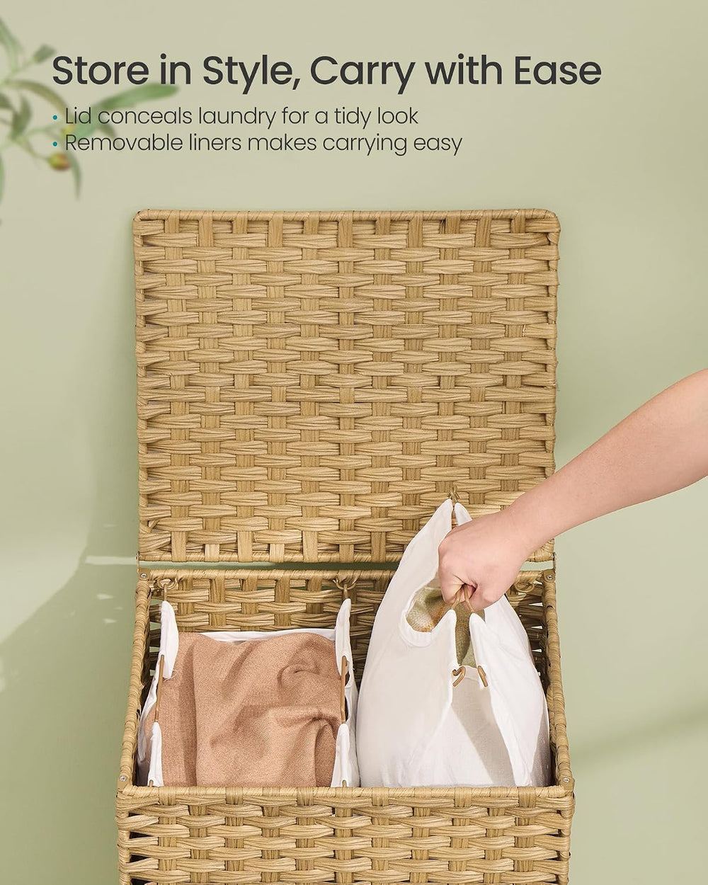 SONGMICS 2-Section Laundry Hamper with Lid, PE Rattan, 29 Gallons (110 L)