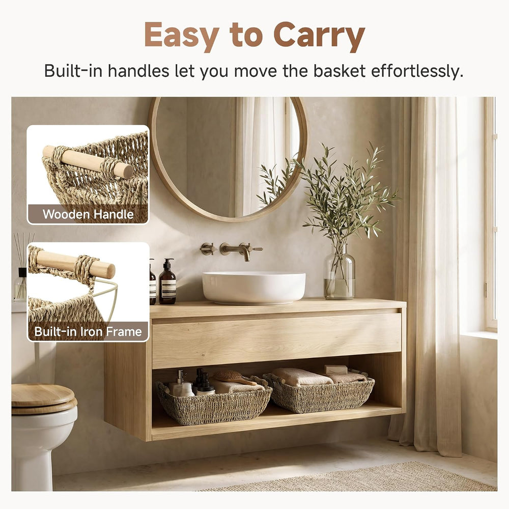 StorageWorks Hand-Woven Jumbo Storage Baskets with Wooden Handles, Seagrass W...