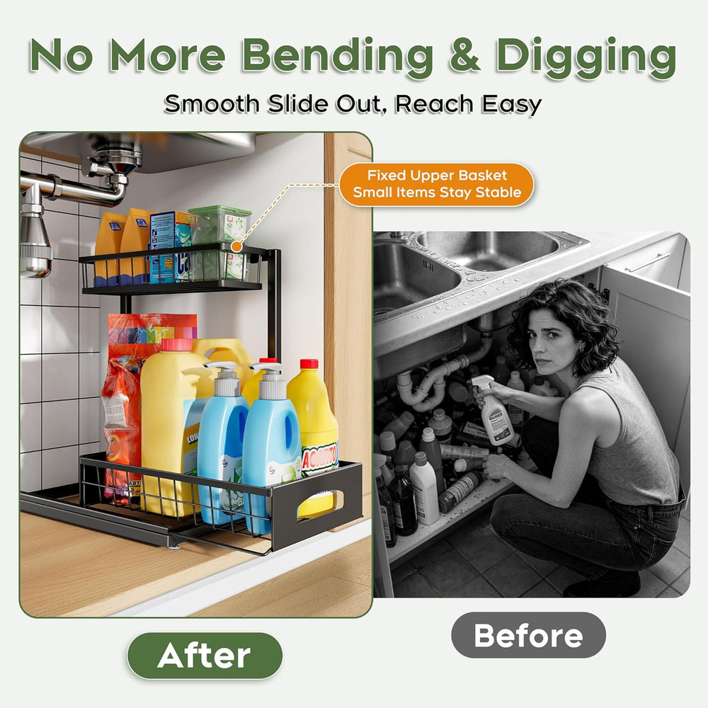Under Sink Organizer, 2-Pack L-Shaped Metal Pull-Out Drawers for Kitchen