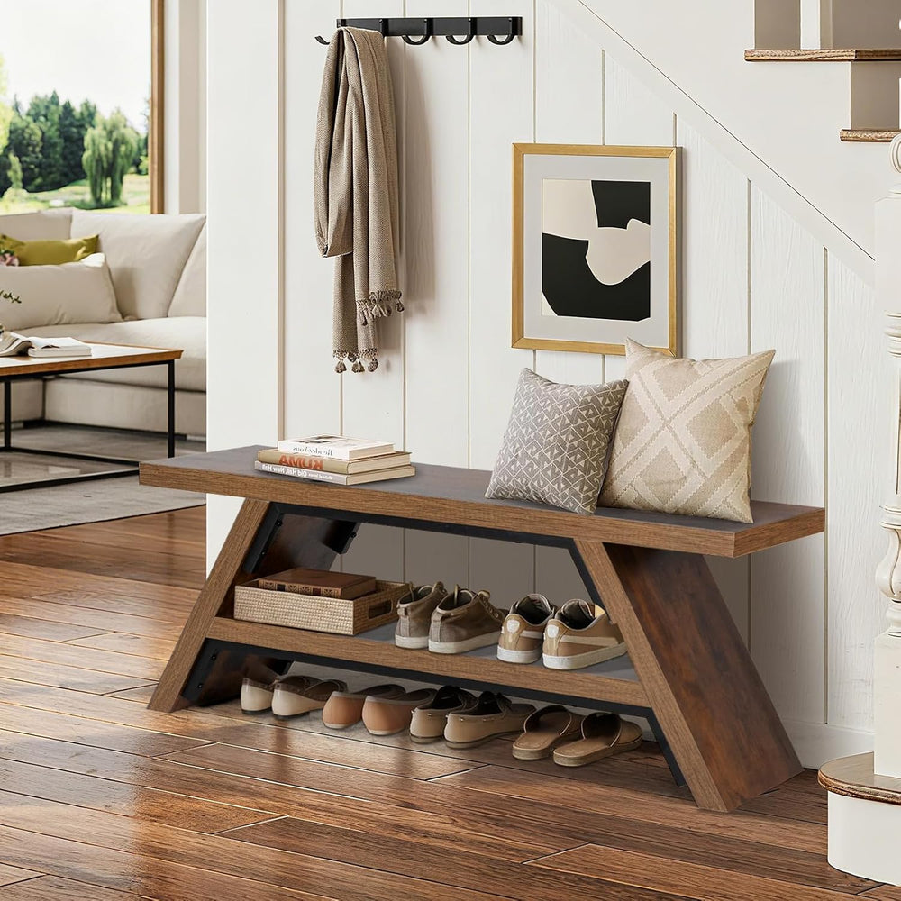 2-Tier Shoe Storage Bench, 47" Solid Wood Entryway Stool Storage