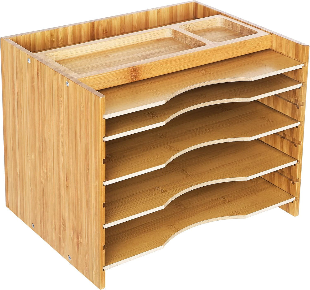 SONGMICS Bamboo File Organizer, Paper Sorter, 5 Adjustable Shelves