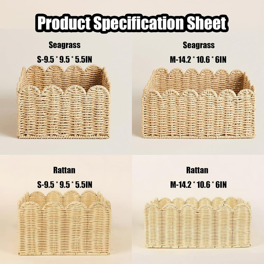 Scalloped Basket, Wicker Baskets for Storage, Hand Woven shelf Baskets, Seagr...