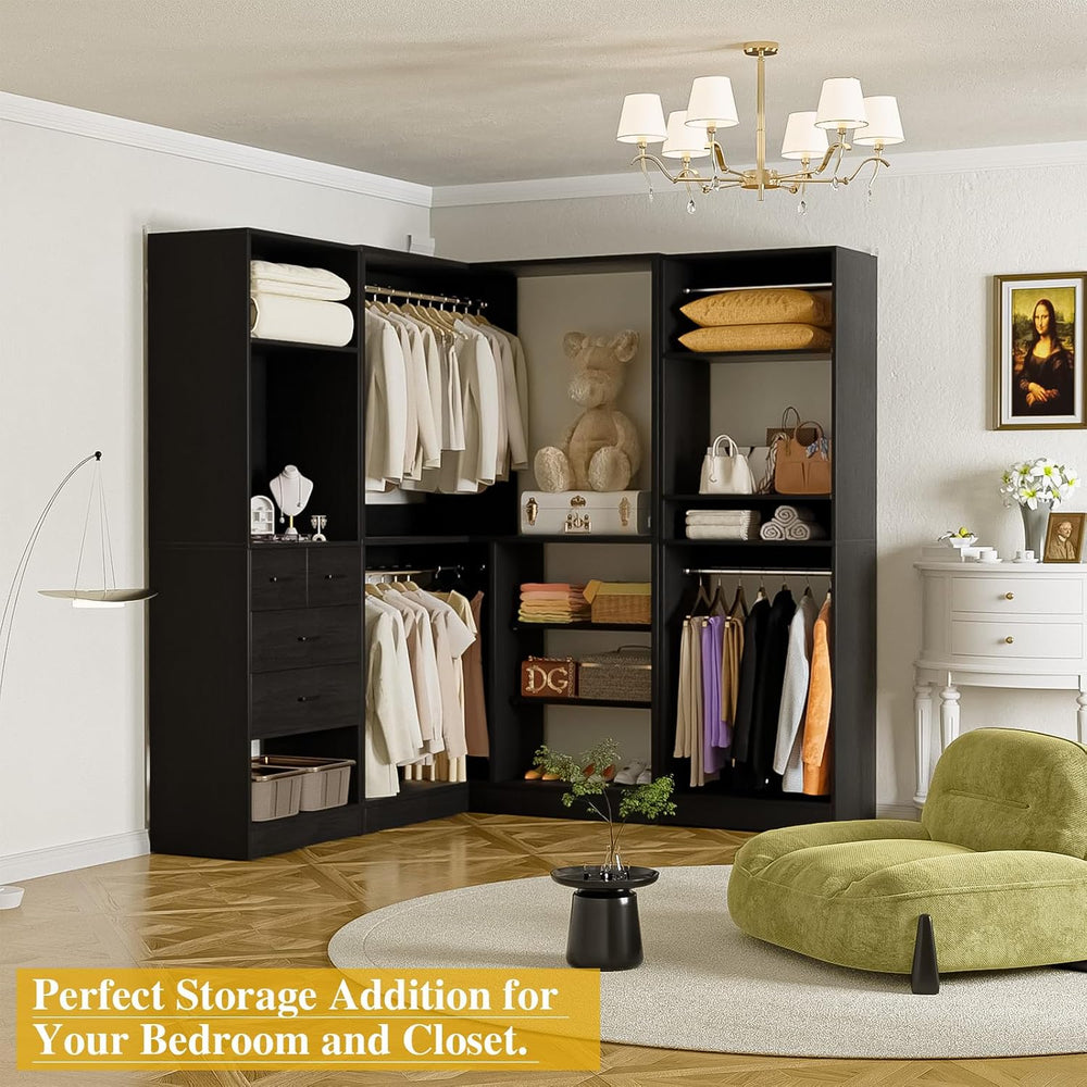 Unikito 86" Corner Closet System with 4 Drawers, 4 Hanging Rods and Mirror