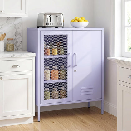 Purple Metal Storage Cabinet with Adjustable Shelf, Lockable 2 Door Sideboard, Multipurpose Widened Storage Locker for Kitchen Home Bedroom Living Room Office 33" H X 29.5" W X 13.8" D