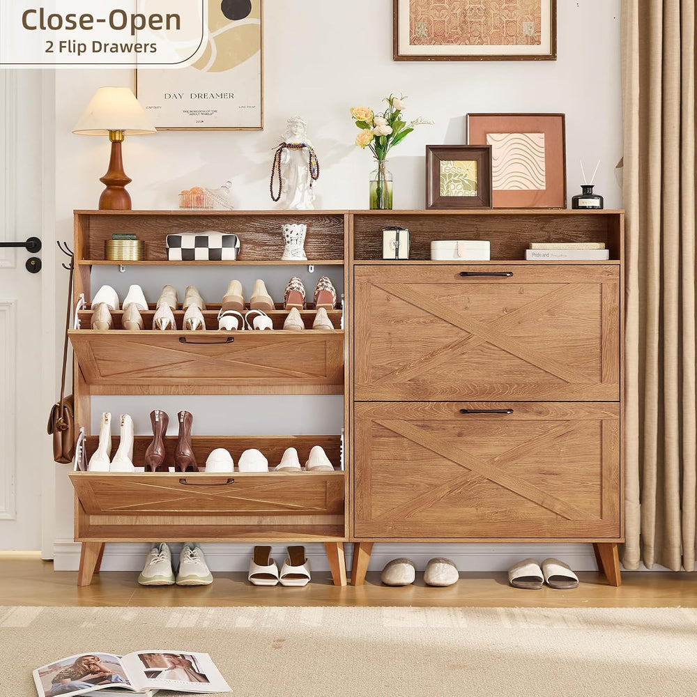 Joaxswe Narrow Shoe Cabinet with 2 Flip Drawers for Entryway,Tea Brown