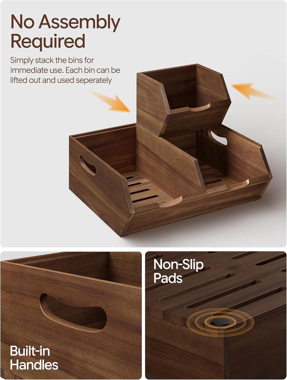 Tidita Wood Potato and Onion Storage Bin, Set of 3, Stackable, Walnut Color